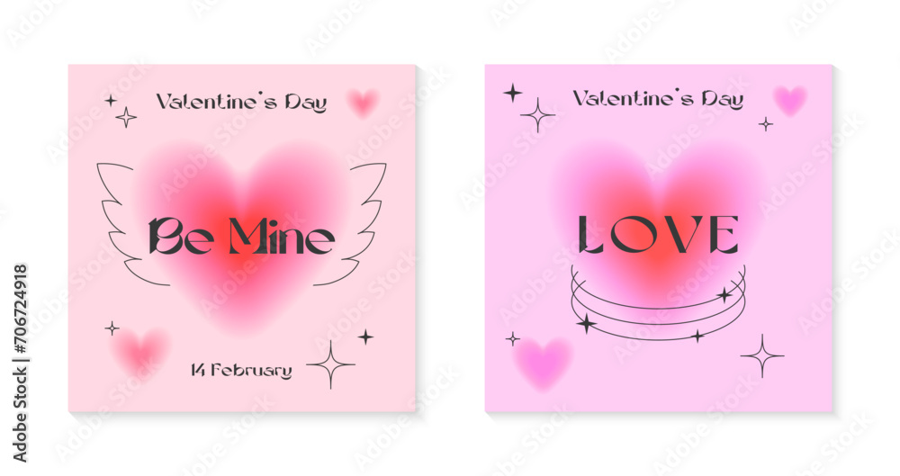 Valentines Day greeting card templates in 90s style.Romantic vector illustrations in y2k aesthetic with linear shapes,blurred hearts,wings,sparkles.Modern designs for smm,invitations,prints,promos.
