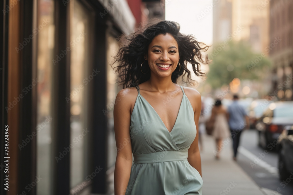 portrait of a young woman on the city street