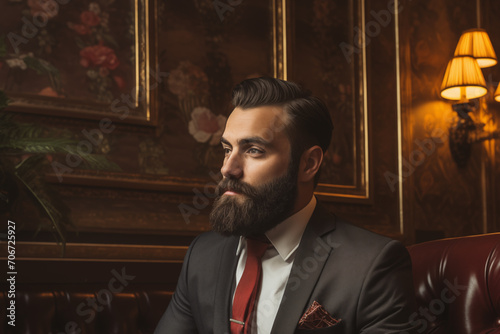 Image of a bearded man wearing a suit sitting at his desk