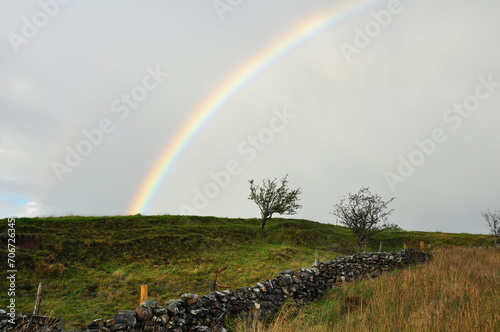 Rainbow over fields in a Grey sky