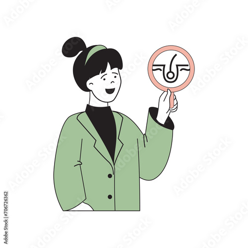 Beauty salon concept with cartoon people in flat design for web. Woman working in therapy clinic and researching hair problems. Vector illustration for social media banner, marketing material.