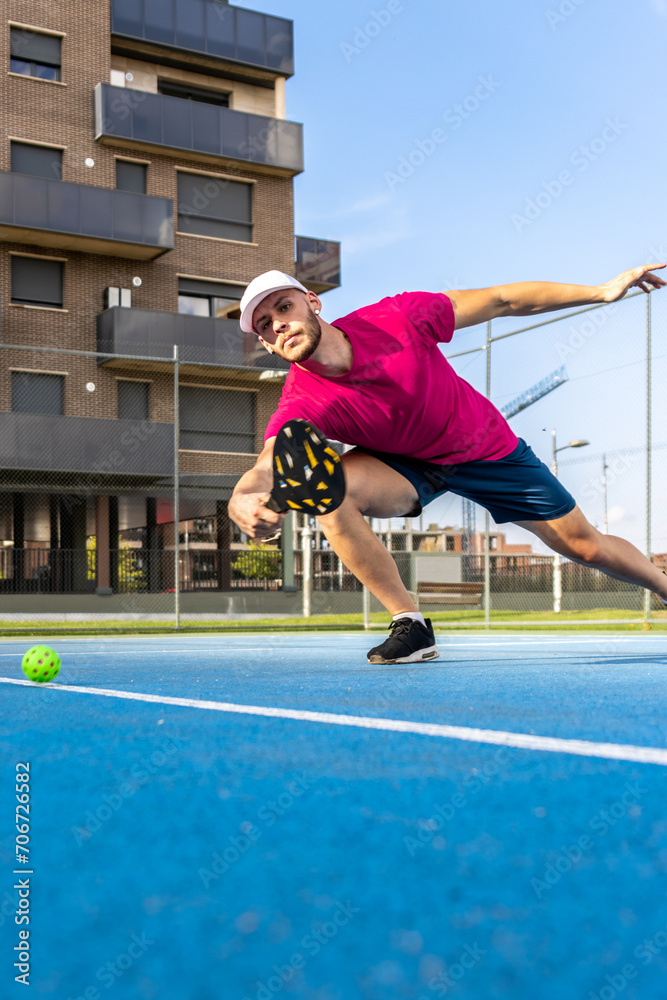 Obraz premium Vertical portrait of a young pickleball player playing an outdoor game.Player in motion stretching to get to hit the ball.