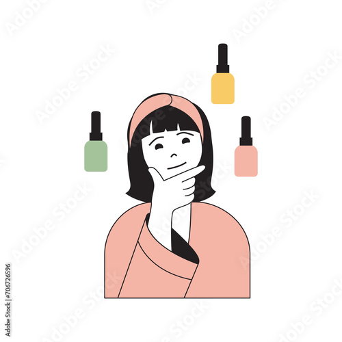 Beauty salon concept with cartoon people in flat design for web. Woman getting manicure and pedicure, choosing nail polish colors. Vector illustration for social media banner, marketing material.
