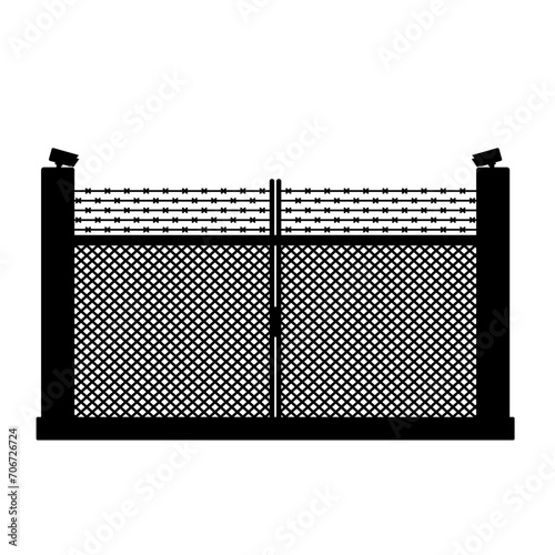 Military gate silhouette icon vector. Barbed wire gate silhouette can be used as icon, symbol or sign. Barbed wire gate icon vector for design of military base