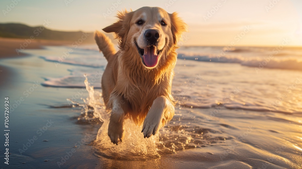 Golden retriever dog running on beautiful beach wallpaper