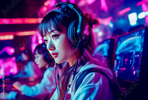 Girl wearing headphones and looking at computer screen in gaming room.