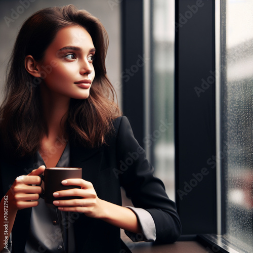 Woman drinking coffee. Generative IA.