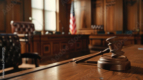 A wooden gavel rests on its sounding block at the forefront of an American courtroom, with the blurred backdrop of stately benches and the iconic flag, representing the solemnity of the law.