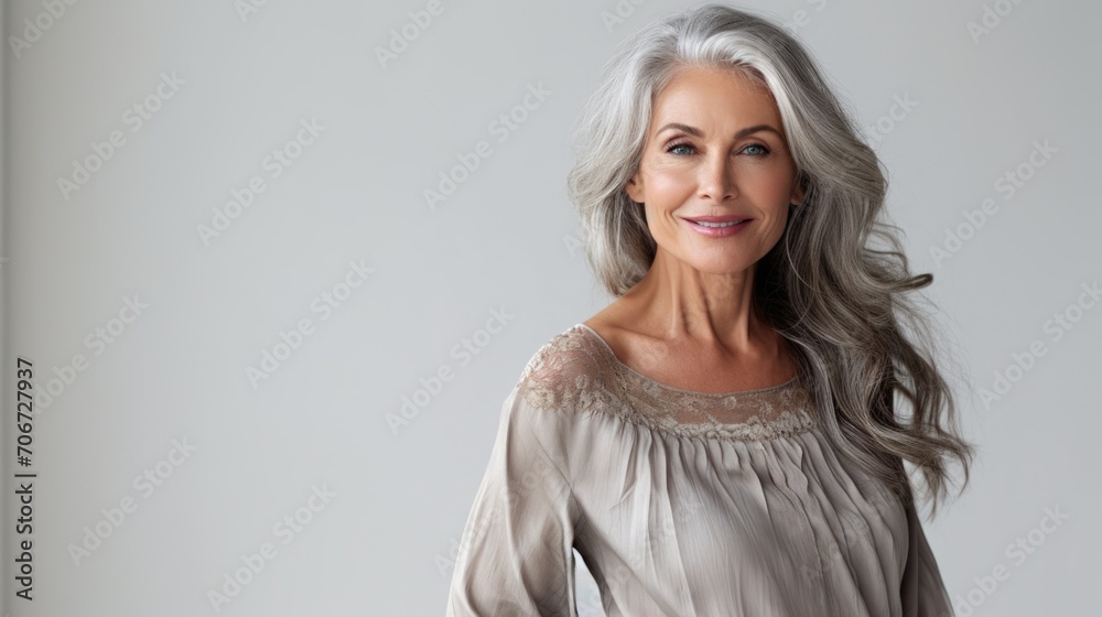 elegant 60 years old woman in grey hair, ai - obrazy, fototapety, plakaty 