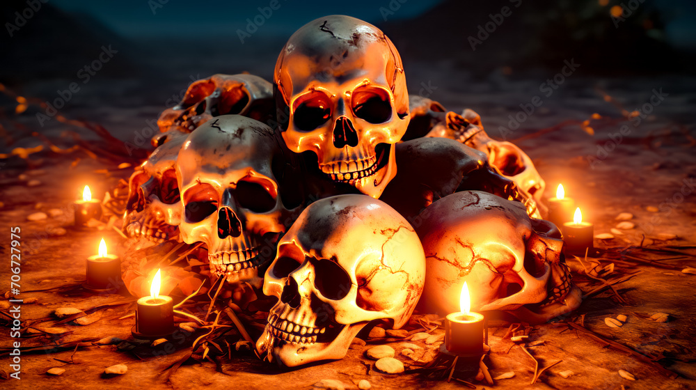 Pile of skulls sitting on top of pile of rocks next to lit candle. Pile of skulls sitting on top of pile of rocks next to lit candle.