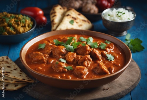 Chicken tikka masala spicy curry meat food with peppers and naan bread on a blue background close-up
