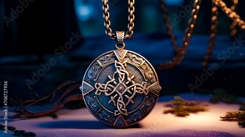 Close up of pendant on chain with cross on it.