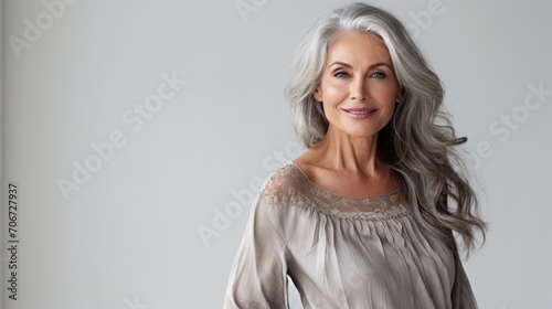 elegant 60 years old woman in grey hair, ai photo