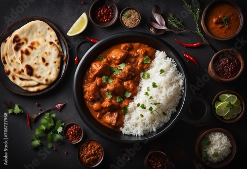 Chicken tikka masala spicy meat food with rice and naan bread decorated with lemon