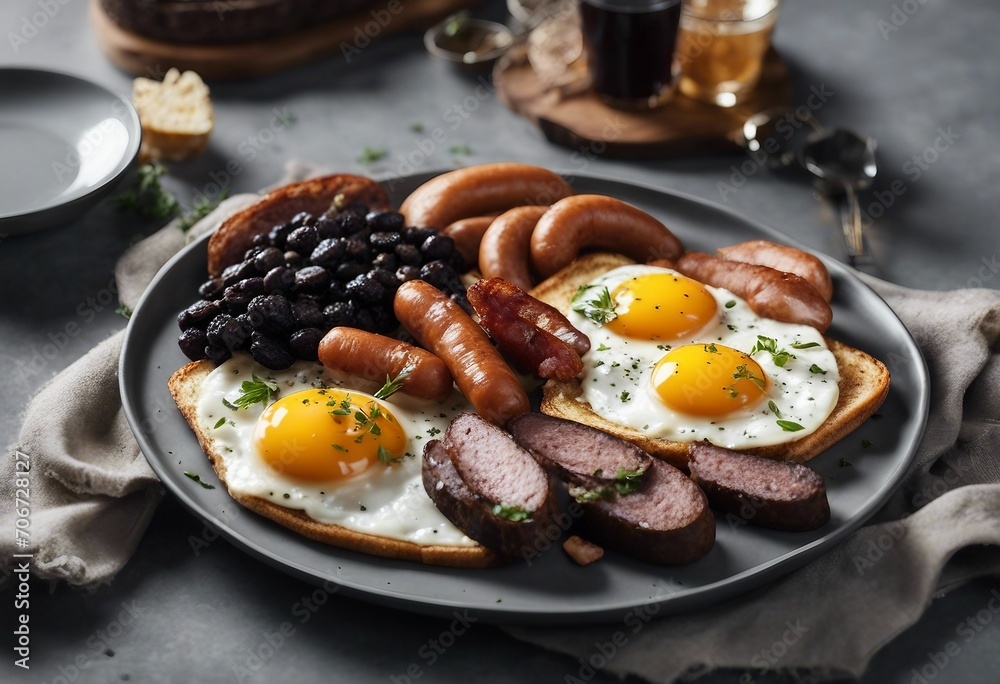 English breakfast with fried eggs, sausages, bacon, black beans, toast on a grey plate