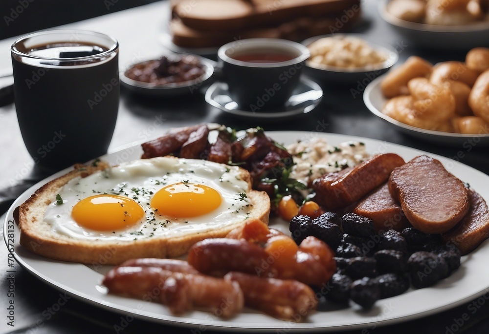 English breakfast with fried eggs, sausages, bacon, black pudding beans, toasts and a glass of tea English breakfast with fried eggs, sausages, bacon, black pudding beans, toasts and a glass of tea
