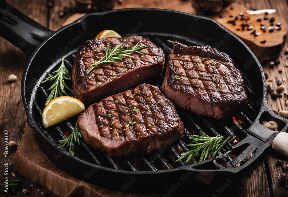 Three slices of Grilled Black Angus Steak on grill iron pan on wooden background Three slices of Grilled Black Angus Steak on grill iron pan on wooden background