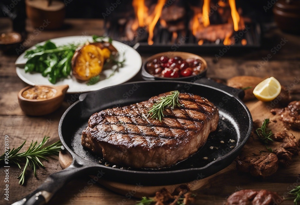 Fototapeta premium Grilled Ribeye steak entrecote on a dark grill pan