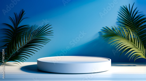Round white table with palm tree in the background and blue wall.