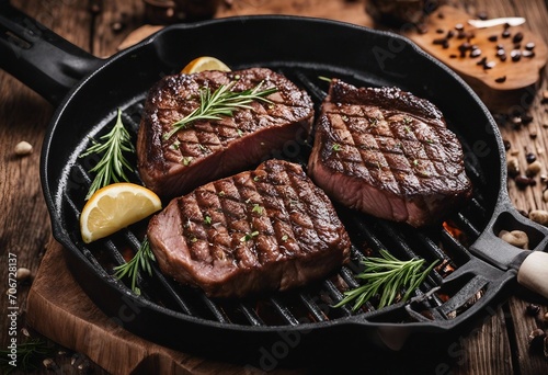 Three slices of Grilled Black Angus Steak on grill iron pan on wooden background