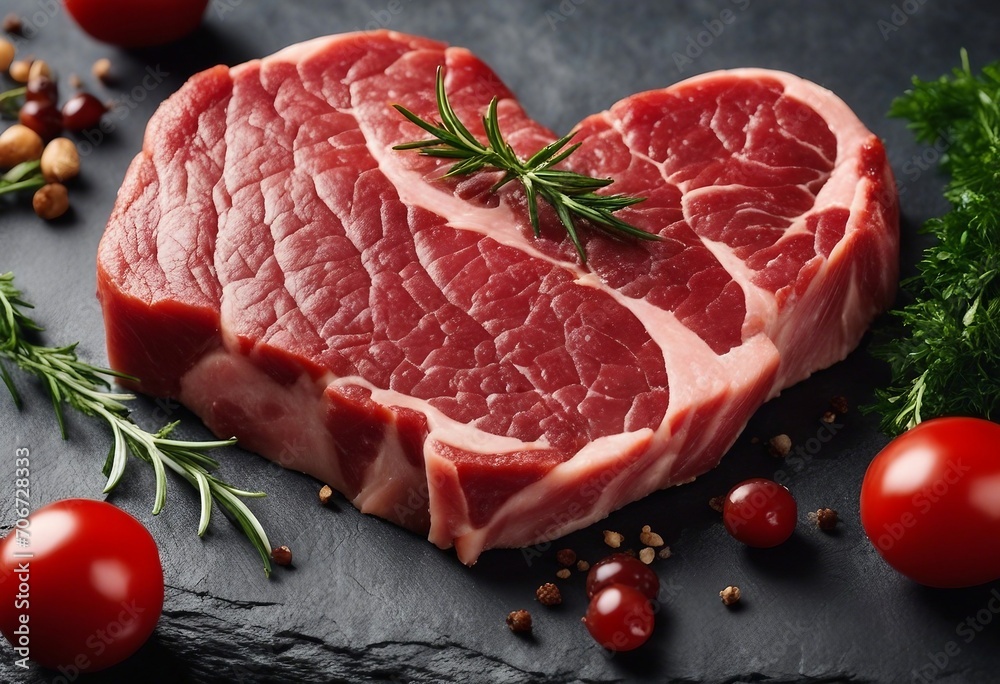 Heart shape Raw fresh meat Steak Striploin with tomato and rosemary on stone slate background