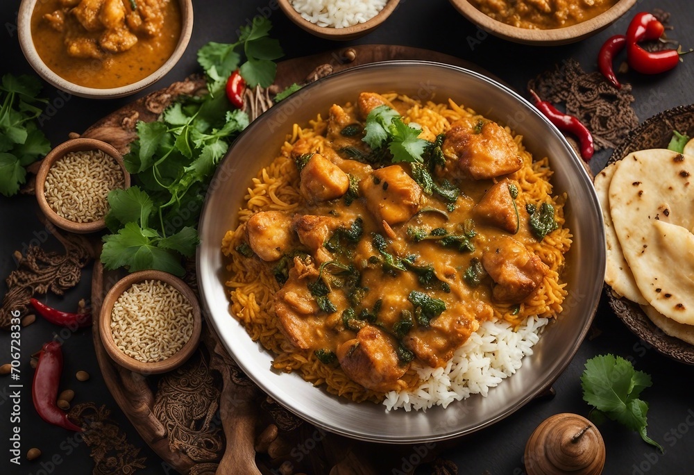 Indian food Curry butter chicken Palak Paneer Chiken Tikka Biryani Papad Dal Rice with Saffron Top View