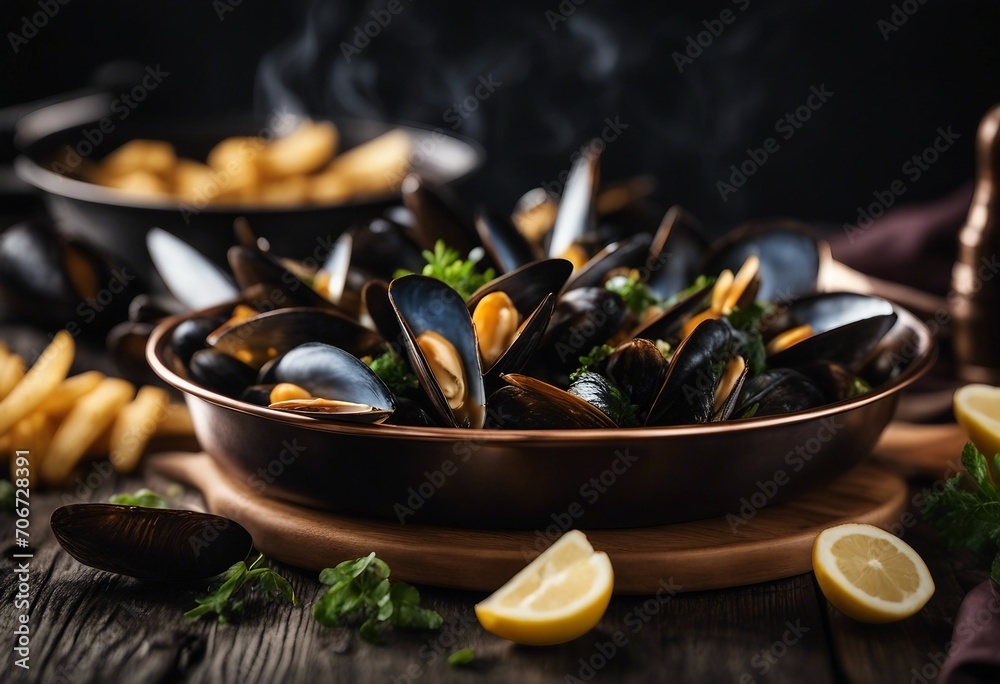 Mussels in copper cooking dish and french fries on dark wooden background Mussels in copper cooking dish and french fries on dark wooden background