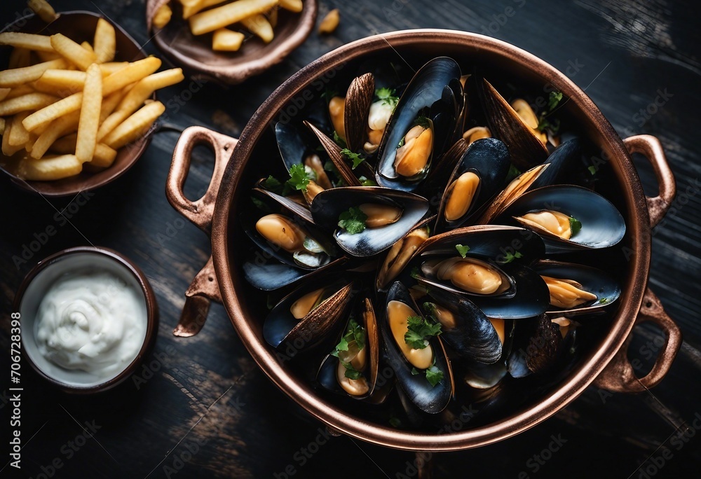 Fototapeta premium Mussels in copper cooking dish and french fries on dark wooden board