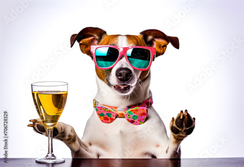 Dog wearing sunglasses and bow tie with glass of wine on table. © Констянтин Батыльчук