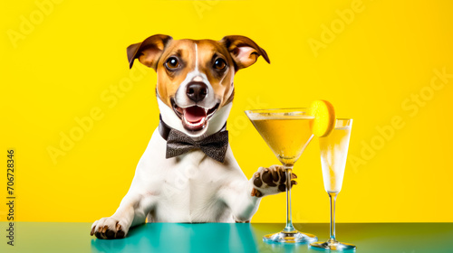 Dog wearing bow tie sitting at table with martini glass. © Констянтин Батыльчук
