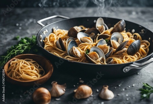 Pasta Spaghetti alle Vongole Seafood pasta with Clams in frying cooking pan on concrete background photo