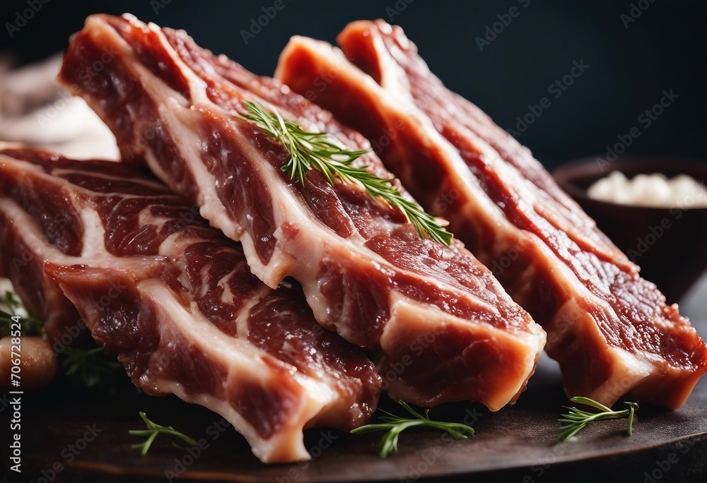 Fresh lamb ribs slices on dark background