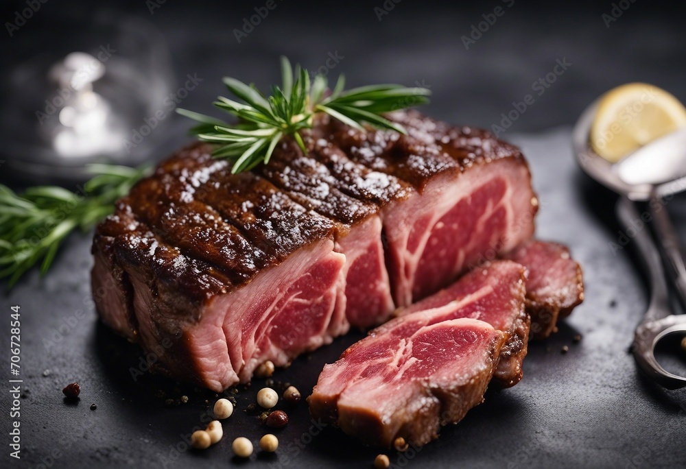 Raw fresh marbled meat beef steak and seasoning on dark metal background