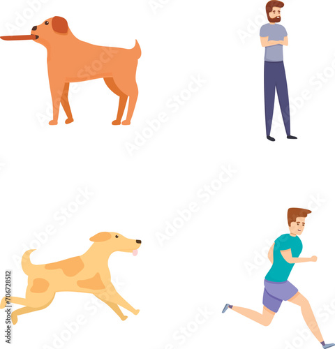 Dog trainer icons set cartoon vector. Pet owner teaching command to dog. Cynologist, trainer, handler