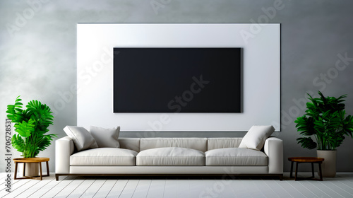 Living room with white couch and black picture on the wall.