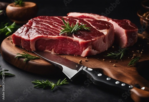 Raw fresh meat Ribeye Steak and meat cleaver knife on a wooden plate