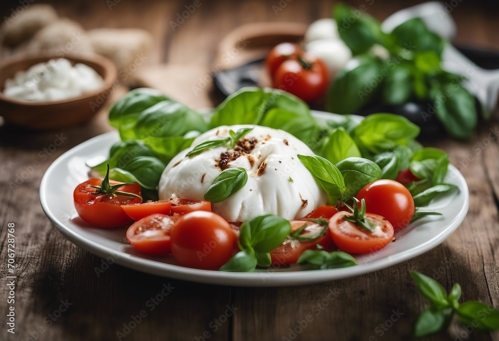 Salad with cheese Tomatoes and Green basil on a white plate