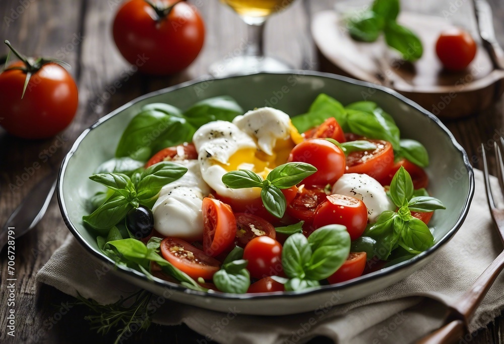 Salad with Tomatoes and Burrata cheese with basil and olive oil on a wooden restaurant table