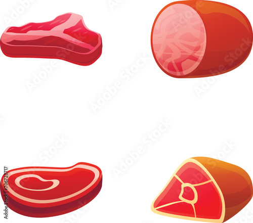 Cartoon meat icons set cartoon vector. Various type of fresh meat product. Food, gastronomy