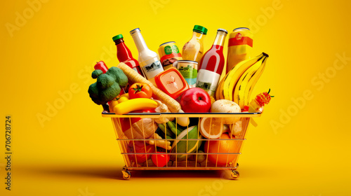 Shopping basket filled with lots of different types of food and drinks on yellow background. photo