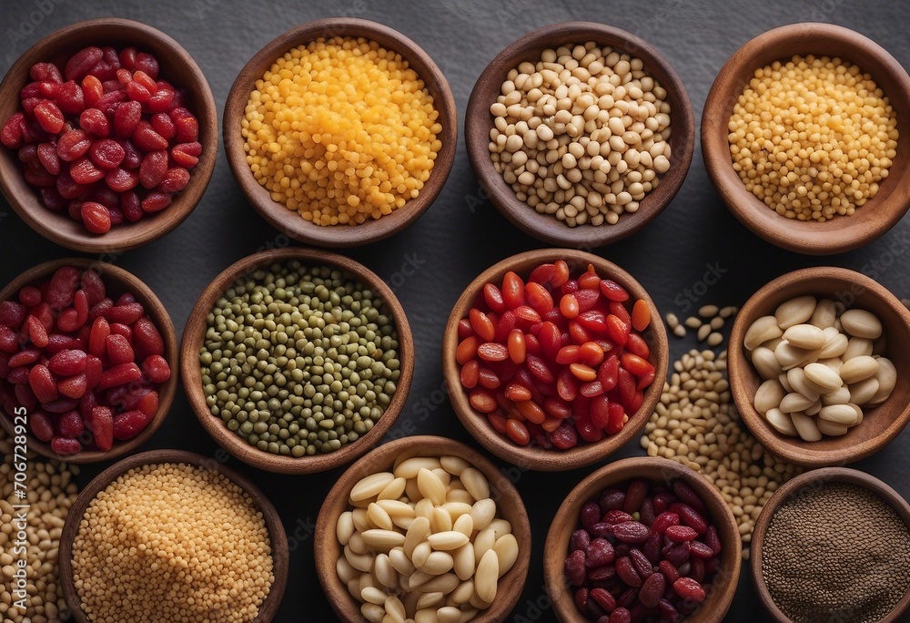 Bean cereals selection in bowls quinoa chia goji berry mung Bean cereals selection in bowls quinoa chia goji berry mung