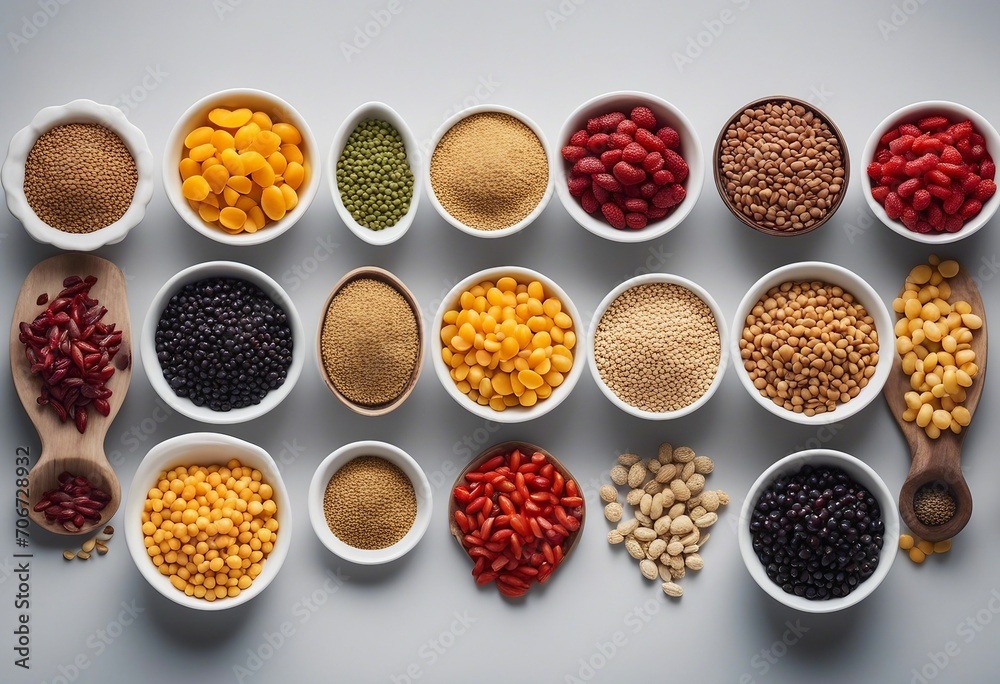 Cereals selection in bowls Quinoa chia goji berry mung bean buckwheat Cereals selection in bowls Quinoa chia goji berry mung bean buckwheat