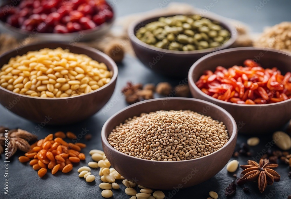 Superfoods and cereals selection in bowls quinoa chia goji berry mung bean buckwheat bean turmeric Superfoods and cereals selection in bowls quinoa chia goji berry mung bean buckwheat bean turmeric