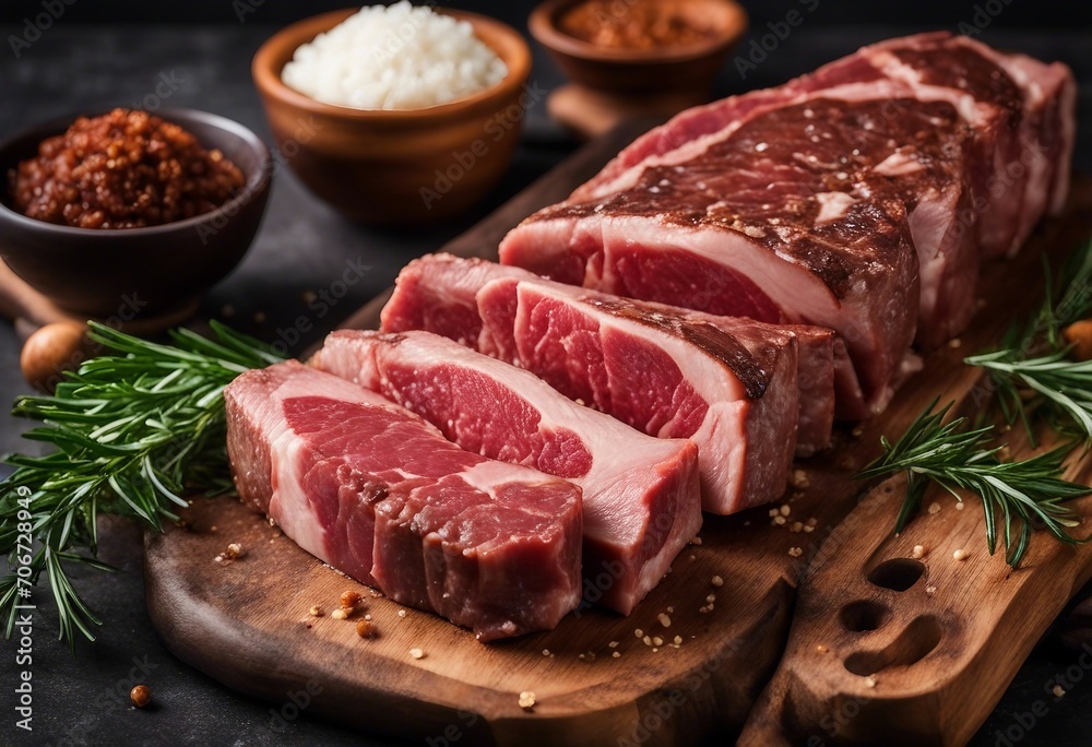 Variety of Raw Black Angus Prime meat steaks on wooden plate with decoration