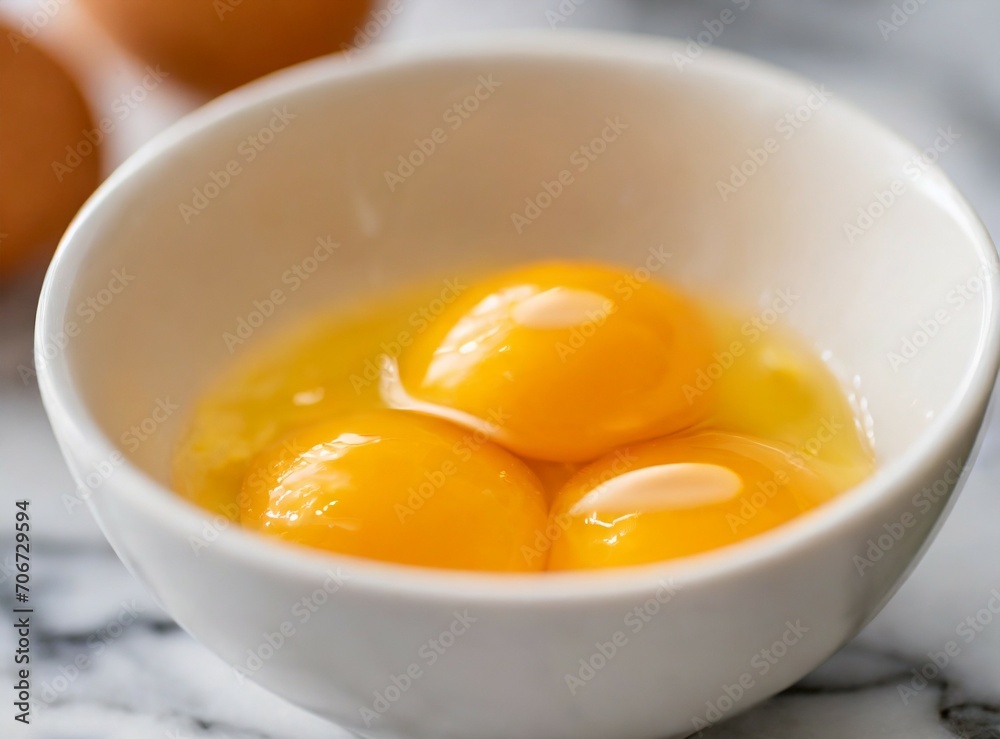 Egg yolks in white bowl closeup photography, isolated on white table. Cooking protein breakfast at home. Egg yolks in white bowl closeup photography, isolated on white table. Cooking protein breakfast at home.