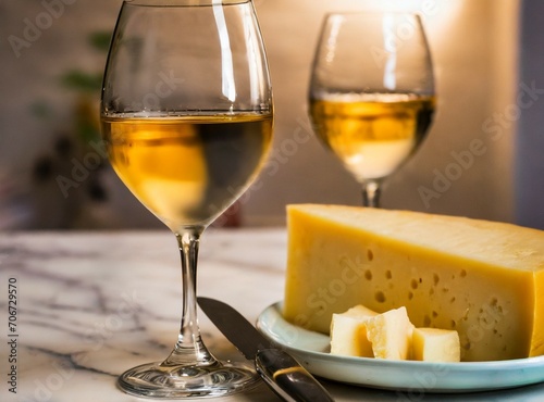 Cheese piece with two glasses of white wine, isolated on kitchen counter, closeup photography