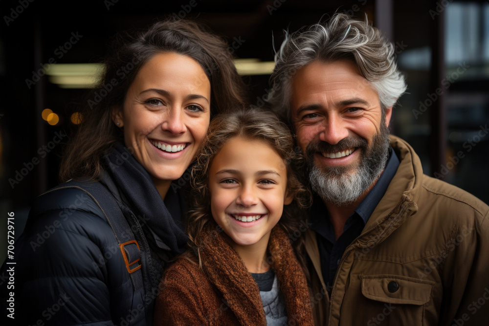 Generative AI illustration of smiling gray haired dad and mom hugging cute daughter wearing outerwear standing on street and looking at camera Generative AI illustration of smiling gray haired dad and mom hugging cute daughter wearing outerwear standing on street and looking at camera