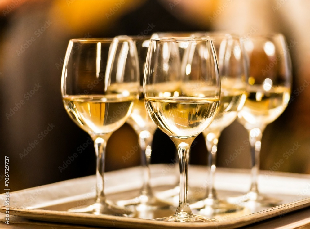 Glasses of white wine on waiter's tray Glasses of white wine on waiter's tray