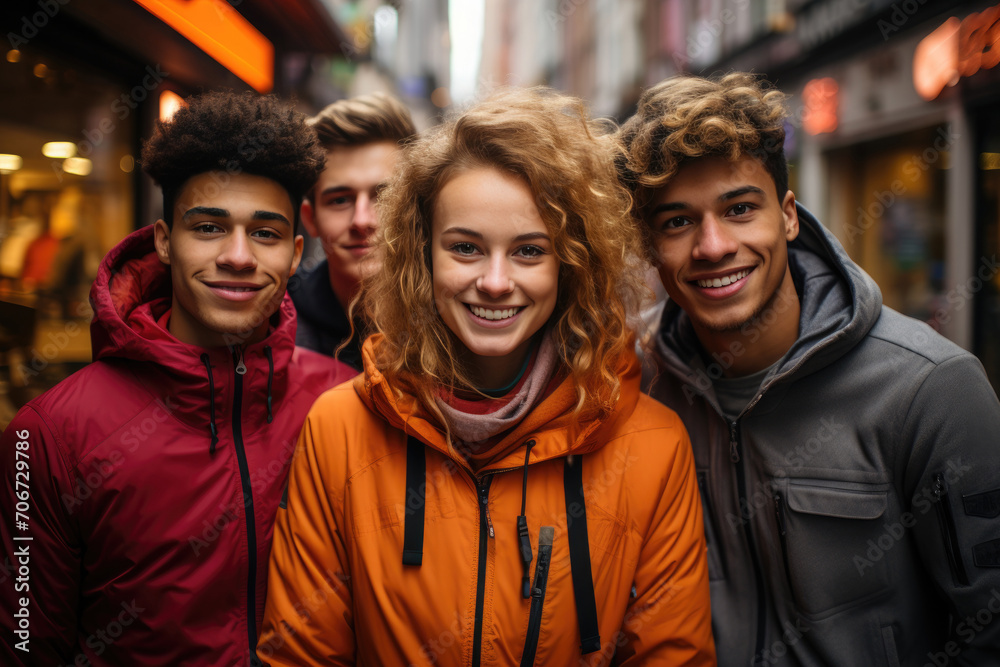 Generative AI illustration of group of cheerful young multiracial friends standing on town street between buildings and looking at camera Generative AI illustration of group of cheerful young multiracial friends standing on town street between buildings and looking at camera
