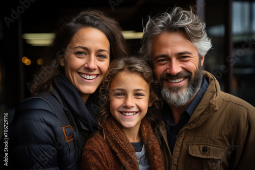 Generative AI illustration of smiling gray haired dad and mom hugging cute daughter wearing outerwear standing on street and looking at camera photo